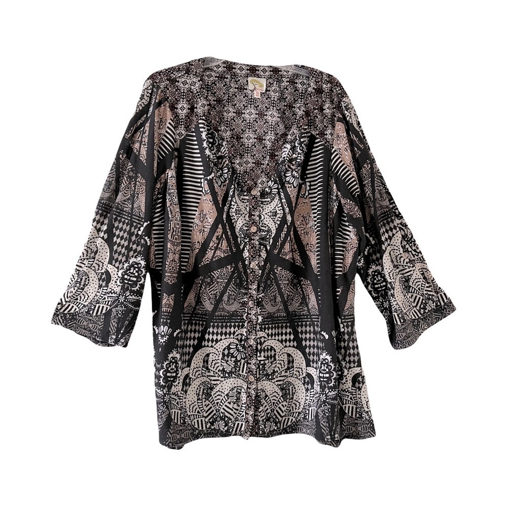 Fig and Flower | Black Boho Mixed Print Button Front V-Neck Top, 3X